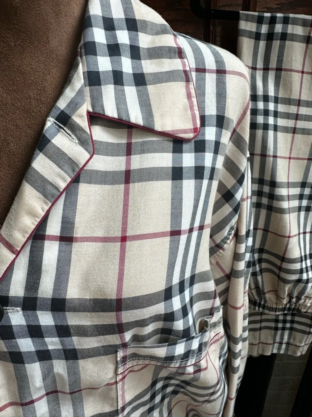 Beige Plaid Pajama Set - Classic Long Sleeve Top & Pants by BURBERRY XL - Picture 2 of 4